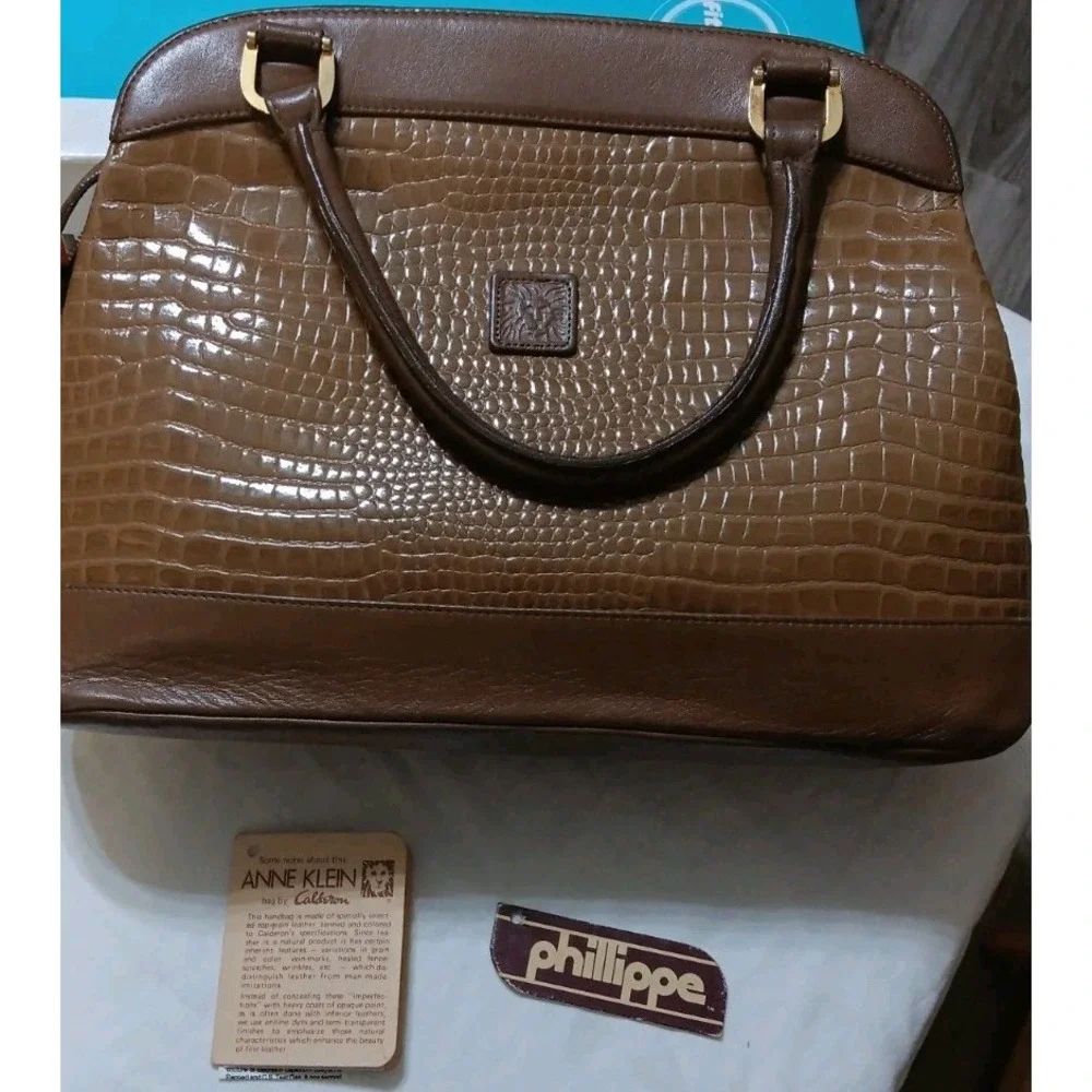 Vtg Anne Klein by Calderon Leather Hand Bag Brown Croc Embossed 1987 PHILLIPE